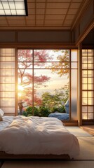 Fototapeta premium Beautifully Designed Modern Bedroom With Large Window Showcasing Natural Light and Peaceful Scenery in a Serene Atmosphere
