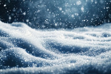 Snowflakes gently falling on a soft blanket of untouched snow in a serene winter landscape