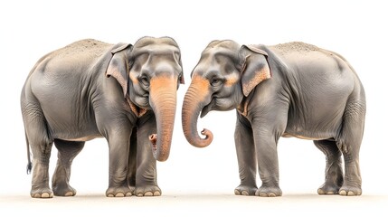 Obraz premium Two Grey Asian Elephants Standing Side By Side Isolated on White Background Wildlife Mammals