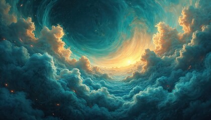 Fototapeta premium Vibrant cosmic abstract landscape with swirling teal clouds, fiery gold. Digital artwork wallpaper for sci-fi, fantasy designs. Aethereal mystical universe with dreamy futuristic background. Sky