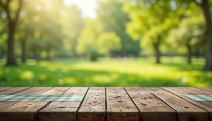 Beautiful Natural Background with Wooden Table in Serene Park