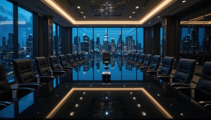 Obraz premium Modern Conference Room with Panoramic City View at Dusk