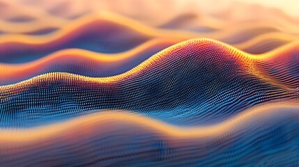 Abstract Three Dimensional Landscape with Wavy Surface of Blue and Orange Dots in a Digital Art