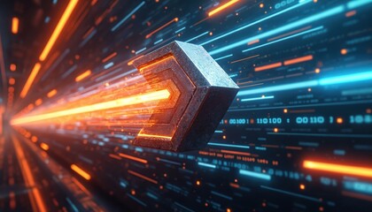 Futuristic, dynamic scene with metallic arrow cube among vibrant glowing light trails, streams of binary code. Represents motion, speed, energy in digital cyber landscape, modern innovation progress.