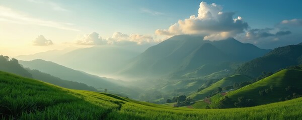 Panoramic landscape of green rice terraces on hills. Mountain range with white clouds on blue sky in mist, sunbeams illuminate summer meadow. Green plants countryside in sunlight.