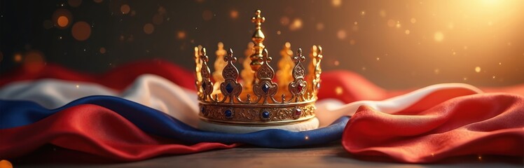 Dutch Kings Day banner featuring golden crown atop waving flag. National unity, royal heritage, holiday celebration. Silk cloth with blue white red colors. Festive bokeh lights in background. Luxury