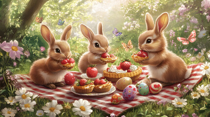 Adorable Bunnies Enjoying a Picnic with Strawberry Tarts, Easter Eggs, and Wildflowers in a Sunny Meadow
