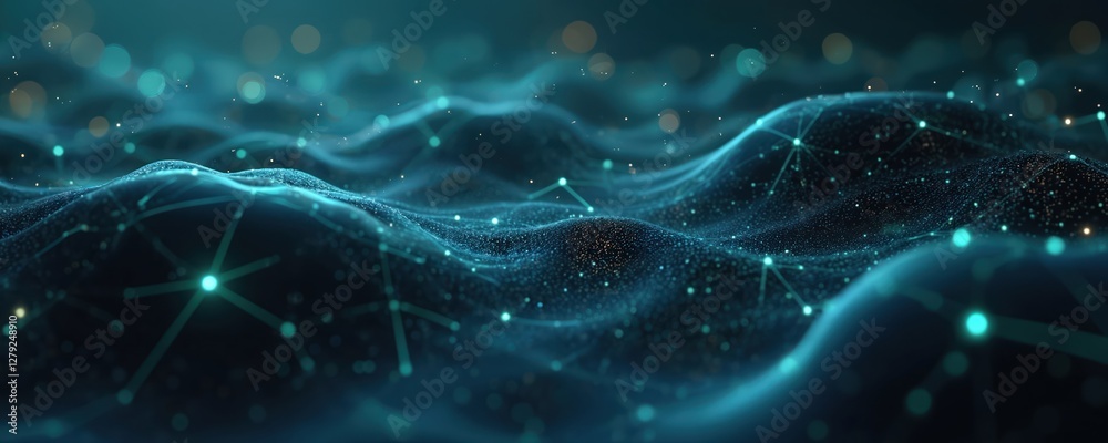 Poster abstract tech background shows blockchain network connecting dots in metaverse. futuristic cyberspac