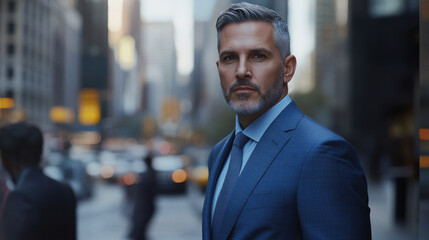 Obraz premium A well-dressed man with a beard exudes confidence while standing amid city traffic, surrounded by tall buildings under a dusk sky