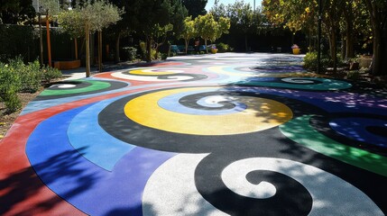 Vibrant Colorful Pathway with Spiral Patterns in Outdoor Garden Area