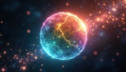 Radiant rainbow colored sphere form with sparkling details on dark cosmic background. Bright sphere surface electric discharge energy. Round planet globe with colorful plasma lightning.