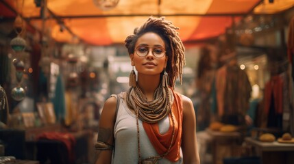 Fototapeta premium Stylish african female adult with dreadlocks and glasses in vibrant market