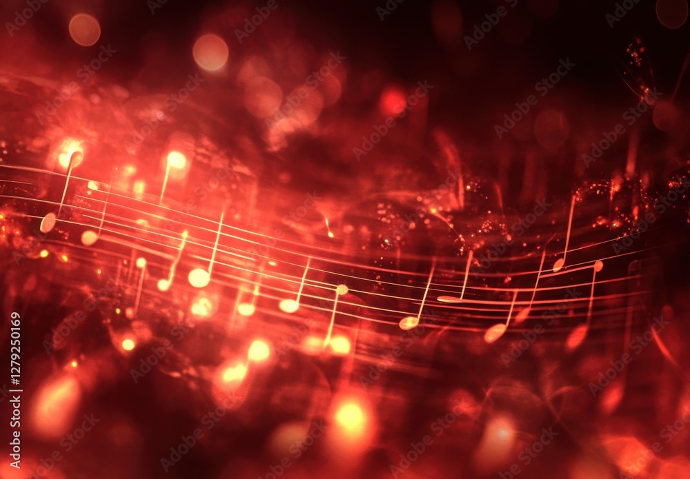 Poster red, glowing music notes against a background with bokeh lights, musical elements in motion, and a d