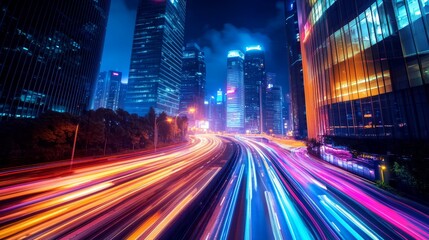 Fototapeta premium Vibrant Cityscape at Night Showcasing Light Trails and Modern Skyscrapers in a Bustling Urban Environment