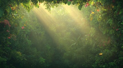 Obraz premium Lush jungle scene illuminated by soft sunlight, creating serene