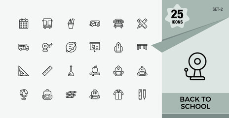 Back To School minimal icon set. Contain linear outline icons chemistry, bag, diploma, stationery, biology, test, paint, certificate. Pixel perfect. Minimalist vector collections.