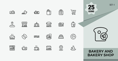 Bakery and Bakery Shop line icons. Contains related to cookie, flour, bread, web, bakery, cake, baking, wheat. Expanded stroke. Editable vector art.