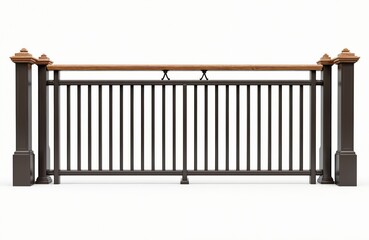 Photo of brown metal railing with white background. Steel balustrade with tubes offers safety, modern design. Engineering structure with fence, rail, stair elements ideal for home, balcony, bridge