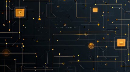 Fototapeta premium Abstract Technological Circuitry: Glowing Orange Lines and Nodes on Dark Background