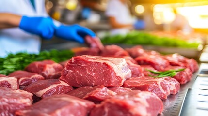 Fresh Raw Beef Cuts on Metal Table in Food Processing Plant with Blue Gloves