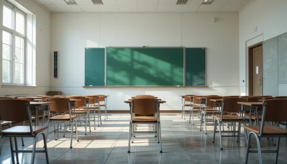 Fototapeta premium Empty Classroom with Desks and Green Chalkboard Ready for Learning