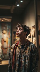 Obraz premium Thoughtful teen male observes cultural artifacts in museum exhibit