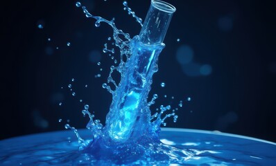 Test tube splashes into blue water