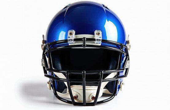 recommend clip art: Photo of blue american football helmet on white background. Headgear for gridiron sport. Protective equipment for competition, safety, tackle, victory. Sports gear for athletic team. Graphic resource