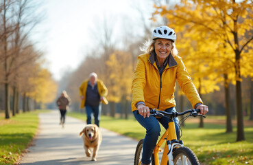 Smiling senior woman rides bike on paved park trail with golden autumn trees, sunlight. Active elderly female cycles, wears helmet. People jogging with dog on leash enjoy healthy outdoors lifestyle.