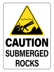 Caution submerged rocks. Yellow triangle hazard sign with pictogram of swimmer banging his head on the rocky seabed. Text below.