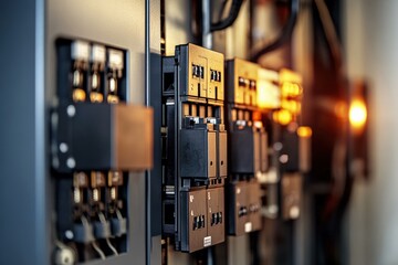 Electrical control panel with circuit breakers and wiring, showcasing modern technology and safety features, electrical engineering concept