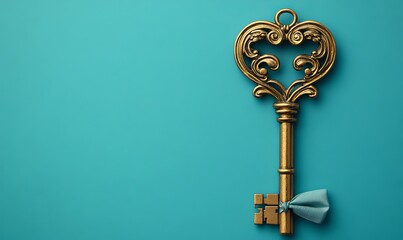 Vintage Ornate Golden Key with Heart Shaped Bow on Teal Background for Real Estate and Love Concepts