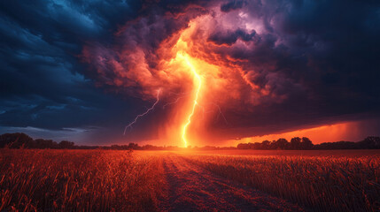 Tornado funnel cutting through farmland, with streaks of lightning illuminating the scene