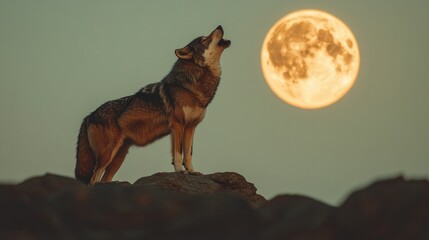 Howling wolf silhouette against luminous full moon, evoking wild