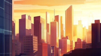 Fototapeta premium Stunning Sunset View Over a Bustling City Skyline Illuminated by Warm Golden Hues and Tall Skyscrapers Reaching Into the Vibrant Sky