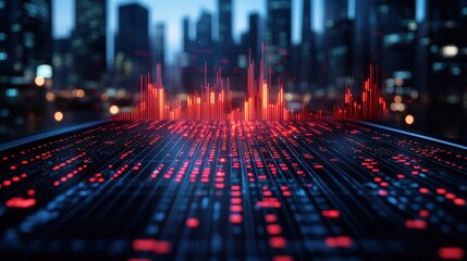 Vibrant data visualization over a futuristic city skyline at dusk, showcasing technology trends