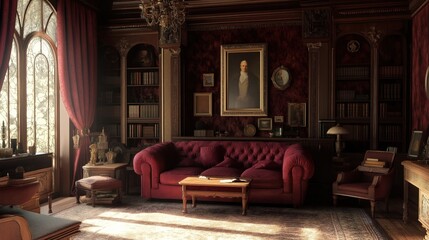 Sunlit Crimson Study. A rich, dark study with a plush velvet sofa.