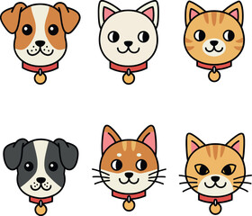 Fototapeta premium Playful collection of pet faces featuring a dog and cat in flat design style as cheerful vector illustration