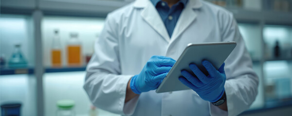 Doctor reviews clinical trial progress on tablet. Scientist in lab coat with blue gloves studies datum results on device. Clinical research of treatment, medication, pharmaceutical products, biotech
