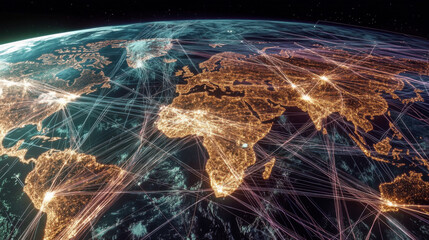 A vibrant depiction of Earth showcasing glowing cities and interconnected lines symbolizing global networks and data flow.
