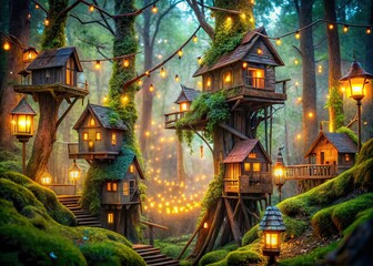 Fototapeta premium Magical Treehouse Village, Bokeh Lights, Fairy Tale Forest