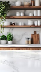 Bright kitchen interior featuring marble countertops and wooden shelves