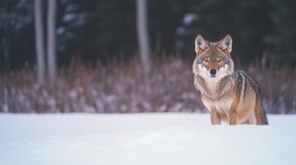Obraz premium Majestic coyote stands in fresh snow, blending with serene winte
