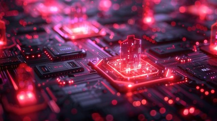 Abstract digital circuit board with glowing processor chip.