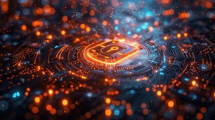 Abstract digital circuit board with glowing central chip and security lock icon, surrounded by illuminated microcircuitry, bokeh effect.