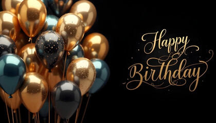 Black Gold balloons happy birthday card vector, happy birthday card background, boy birthday template abstract, gold details	