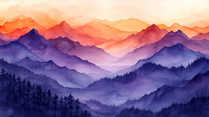 Fototapeta premium Watercolor wallpaper of abstract mountain ranges with soft gradient hues of purple and orange