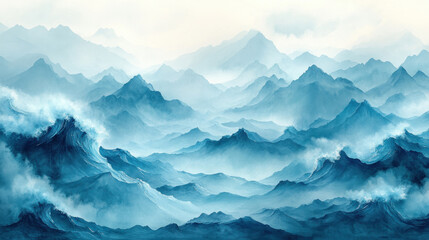 Fototapeta premium Watercolor wallpaper with abstract wave patterns in calming shades of teal and aquamarine