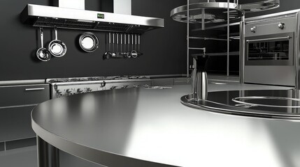 Modern stainless steel kitchen interior, professional appliances,  high-end design, industrial style, cooking