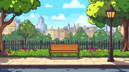 Naklejka premium Tranquil City Park Bench Scene: A Summer Day's Peaceful Escape